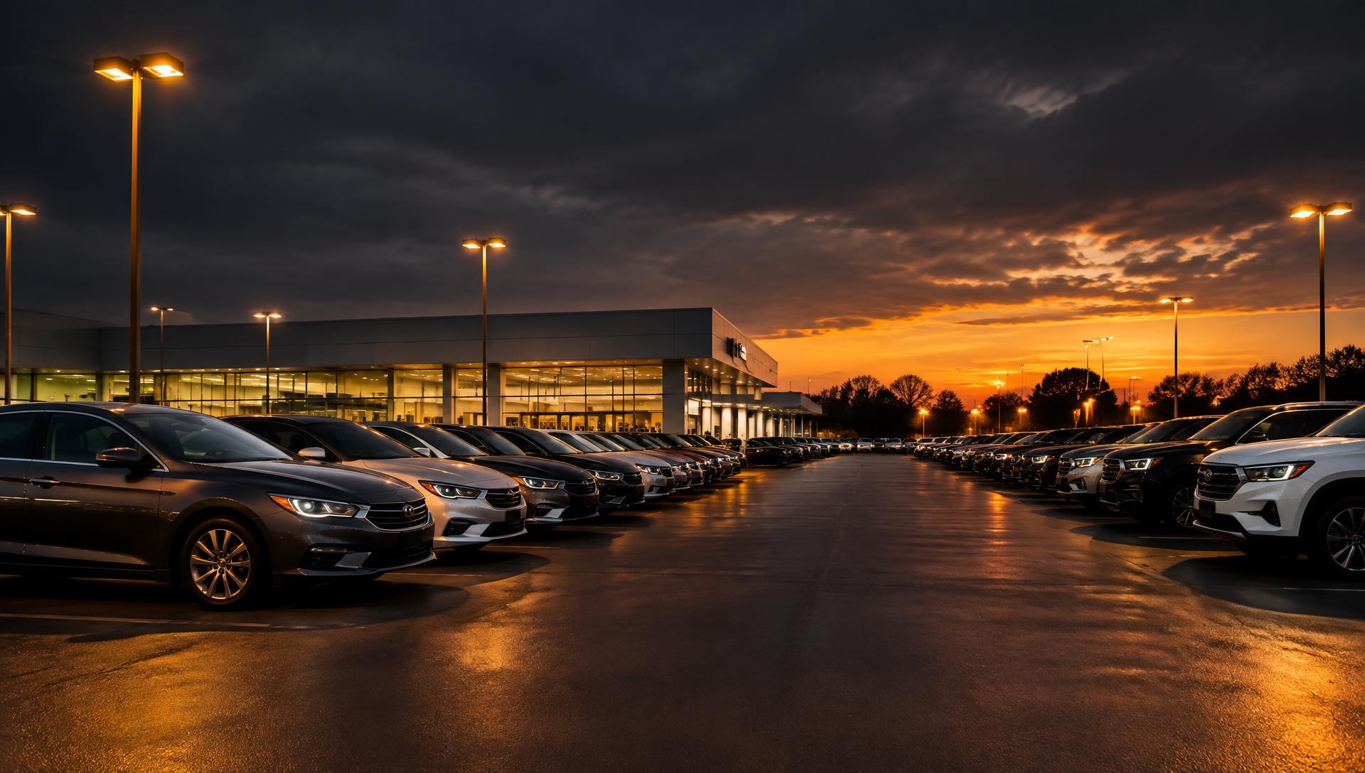 Vantage Auto dealership lot at dusk